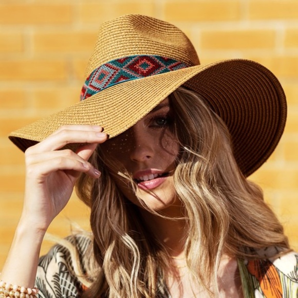 Boho Tribal Geo Print Straw Panama hat - Picture 2 of 7